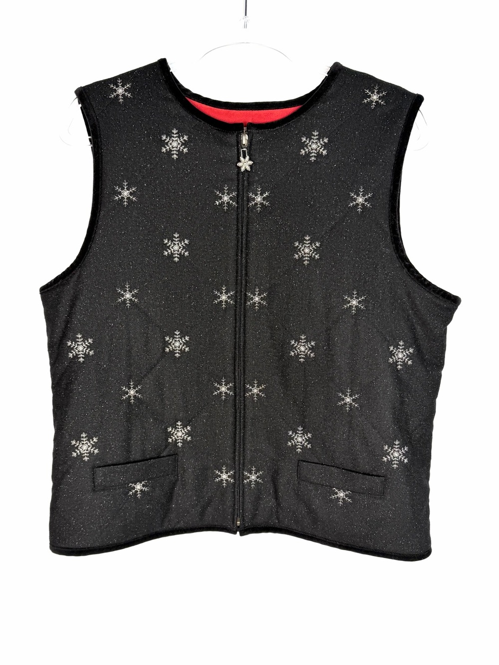 Talbots Black Wool Embroidered Silver Snowflake Holiday Zip Vest Red Lining VTG